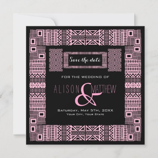 Etnisch Ontwerp Zwarte Roze sparen de Uitnodiging  (Voorkant)