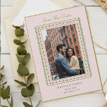 Etnisch ventilatorgrens Roze foto bespaart dag Aankondigingskaart<br><div class="desc">Elegant Etnische hand beschilderde waterverf floral lijst op een bleke roze achtergrond bruiloft Sparen het Date Notice briefkaart met paren foto.</div>