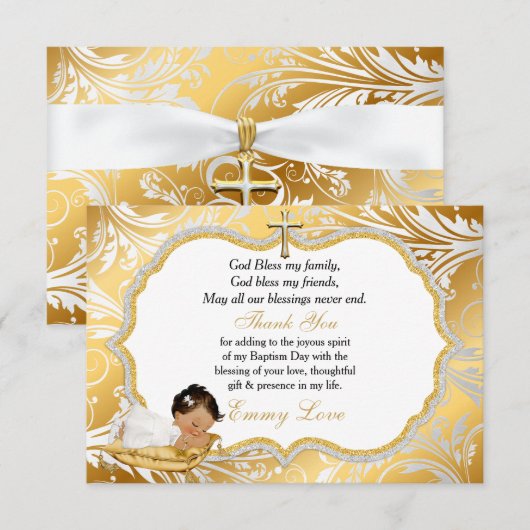 Etnische baby meisje doop gouden kruis dank u bedankkaart (Voorkant / Achterkant)