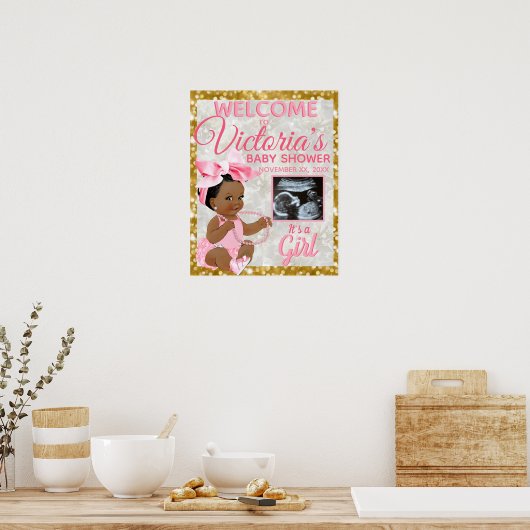 Etnische Baby Meisje Roze Foto Baby shower Welkom Poster (Keuken)