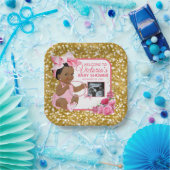 Etnische Baby Meisje Roze & Goud Foto Baby shower Papieren Bordje (Feest)
