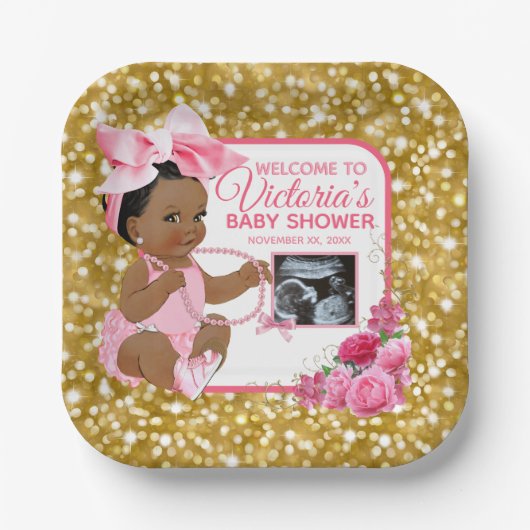 Etnische Baby Meisje Roze & Goud Foto Baby shower Papieren Bordje (Voorkant)