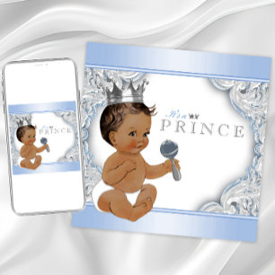 Etnische babyjongen blauw zilveren prins baby show kaart