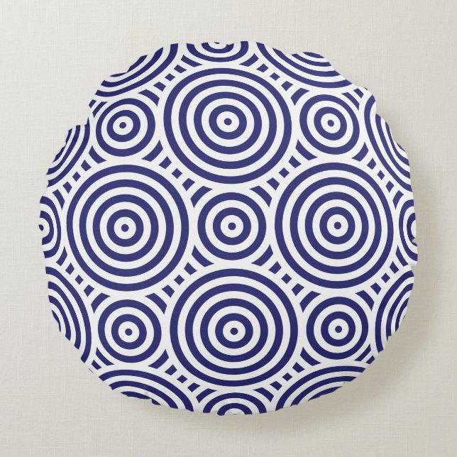 Etnische Blauw en Witte Geometrische Cirkelpatroon Rond Kussen (Voorkant)