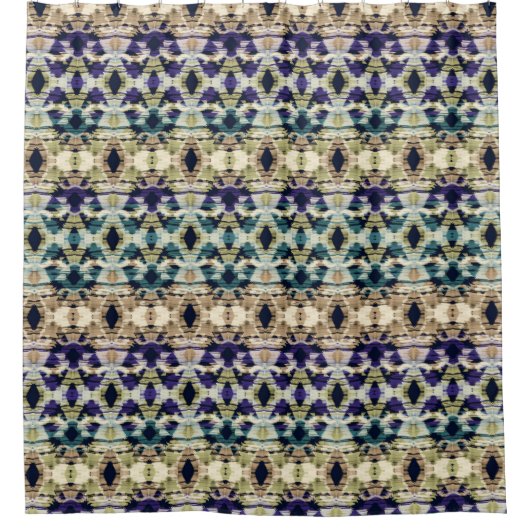Etnische blauwe, beige ikat douchegordijn (Voorkant)