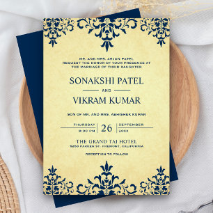 Etnische Blauwe Damask Indian Wedding Kaart
