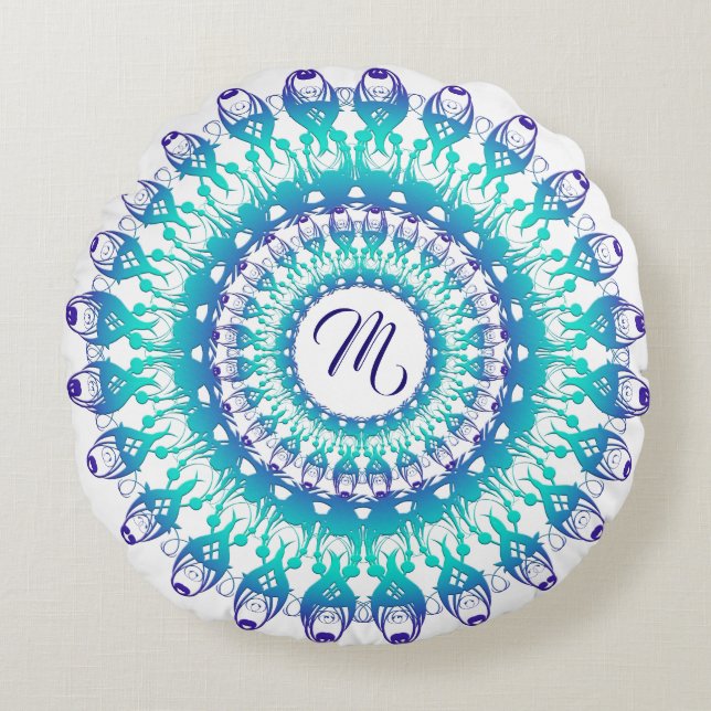 Etnische blauwgroen mandala. monogram. rond kussen (Voorkant)