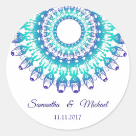 Etnische blauwgroen mandala. monogram. ronde sticker