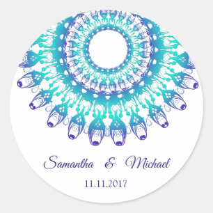 Etnische blauwgroen mandala. monogram. ronde sticker