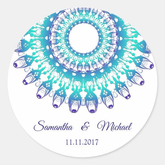 Etnische blauwgroen mandala. monogram. ronde sticker (Voorkant)