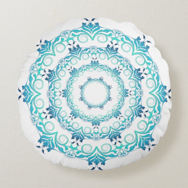 etnische blauwgroen mandala . rond kussen (Voorkant)