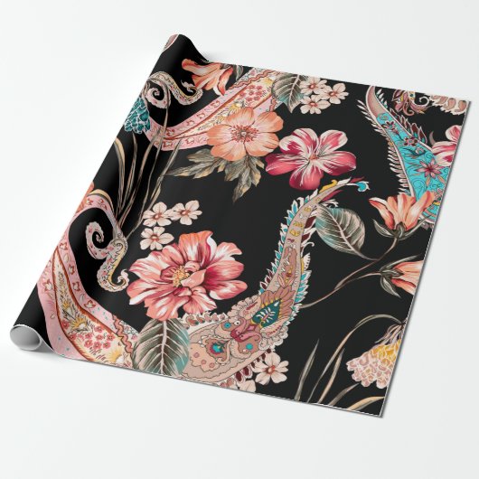 Etnische bloemen en bladeren met eele paisley cadeaupapier (Uitgerold)