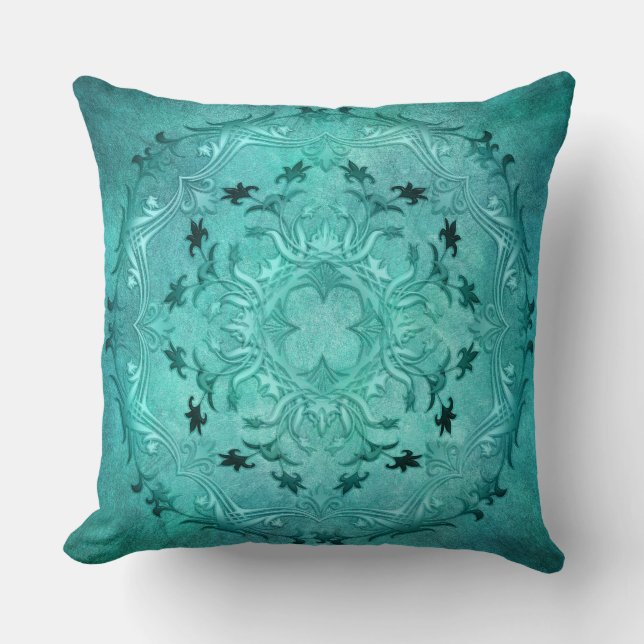 Etnische bloemige turquoise grunge mandala kussen (Voorkant)