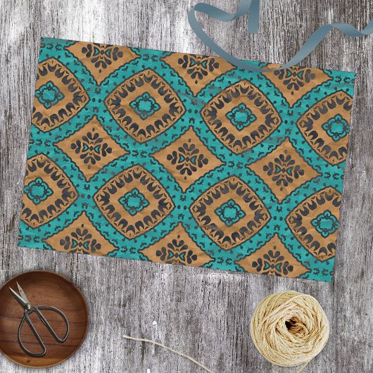 Etnische Boho Marokkaanse Turquoise en Bronze Patt Tissuepapier