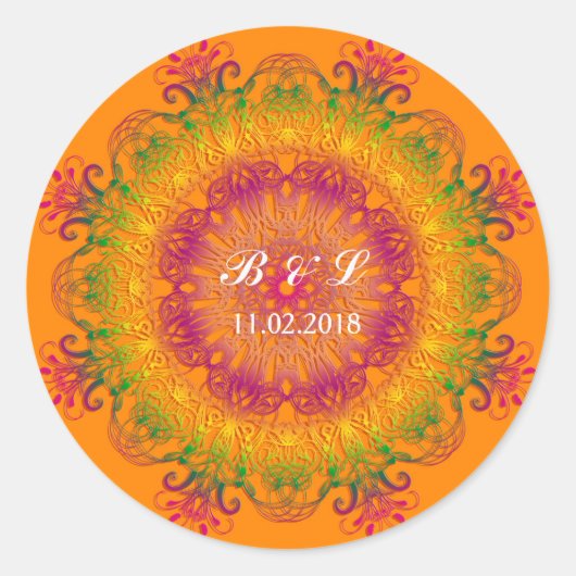 Etnische florale mandala op oranje achtergrond. ronde sticker (Voorkant)