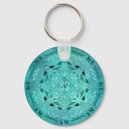 Etnische florale turkooise grunge mandala sleutelhanger (Voorkant)