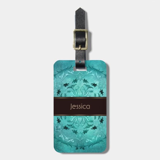 Etnische florale turquoise grunge mandala. Naam. Bagagelabel (Voorkant verticaal)