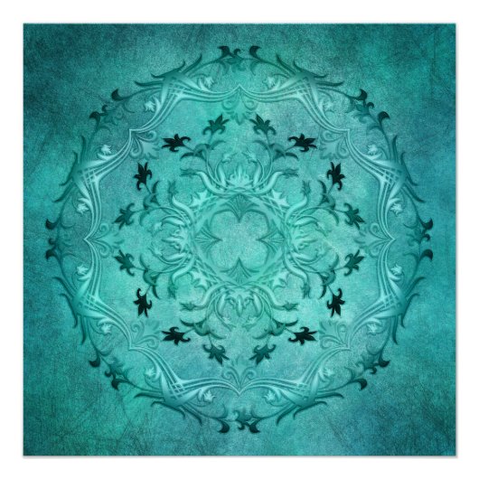 Etnische florale turquoise grunge mandala. poster (Voorkant)