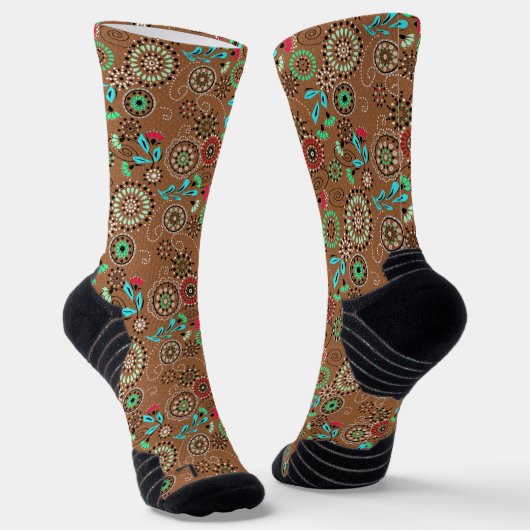Etnische folk abstract bloemmotief retro bruin sokken (Gebogen)