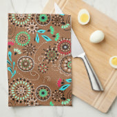 Etnische folk abstract bloemmotief retro bruin theedoek (Quarter Fold)