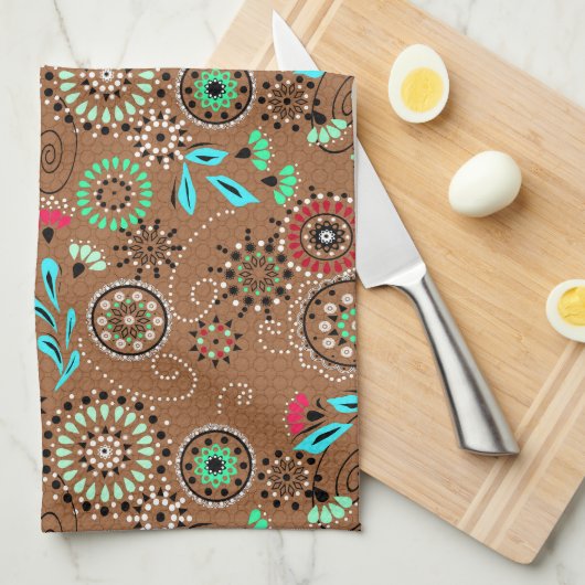 Etnische folk abstract bloemmotief retro bruin theedoek (Quarter Fold)