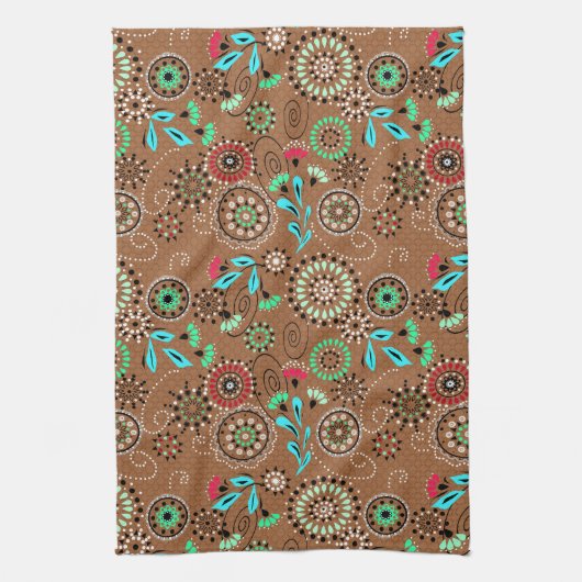 Etnische folk abstract bloemmotief retro bruin theedoek (Verticaal)