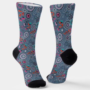 Etnische folk abstract bloemmotief retro grijs bla sokken