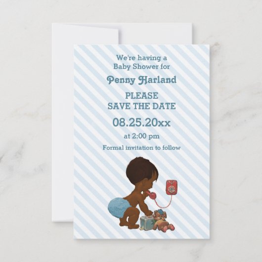 Etnische jongen op telefoon diagonale streep Save Save The Date (Achterkant)