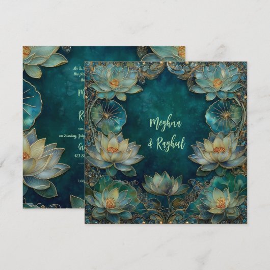 Etnische Lotus Groen Goud Indiase bruiloft Kaart (Voorkant / Achterkant)