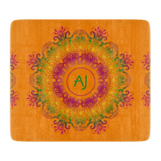 Etnische Mandala Monogram.Oranje achtergrond. Snijplank (Voorkant)