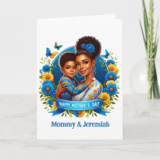 Etnische Moeder & Zoon Blauw/Geel Gelukkige Moeder Kaart (Voorkant)