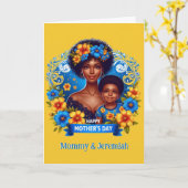 Etnische Moeder & Zoon Blauw/Geel Gelukkige Moeder Kaart (Gele Bloem)
