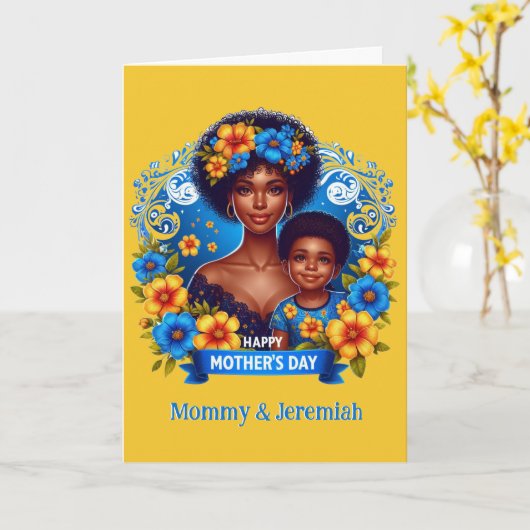 Etnische Moeder & Zoon Blauw/Geel Gelukkige Moeder Kaart (Gele Bloem)