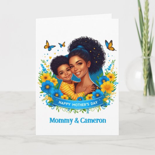 Etnische Moeder & Zoon Blauw/Geel Gelukkige Moeder Kaart (Voorkant)