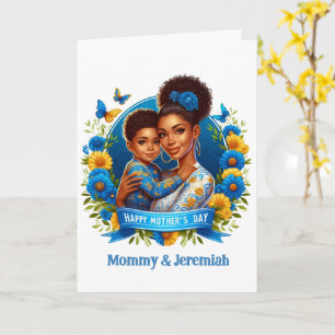 Etnische Moeder & Zoon Blauwe/Gele Gelukkige Moede Kaart