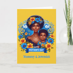 Etnische Moeder & Zoon Blauwe/Gele Gelukkige Moede Kaart