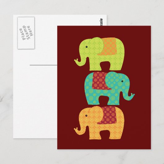 Etnische olifanten met bloemen op Maroon Red Briefkaart (Voorkant / Achterkant)
