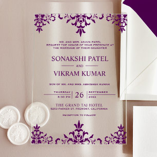 Etnische Paarse Damast Indische Trouwfeest Acryl Uitnodigingen