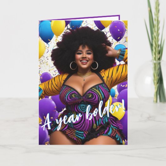 Etnische Plus Size Vrouw met Afro Levendige Verjaa Kaart (Voorkant)