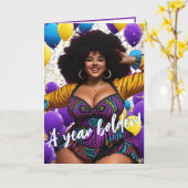Etnische Plus Size Vrouw met Afro Levendige Verjaa Kaart (Gele Bloem)