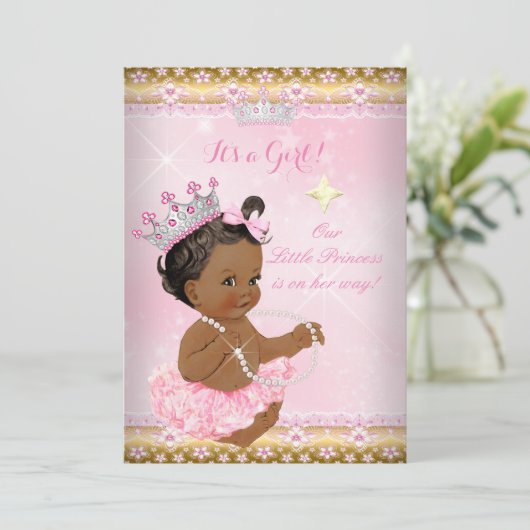 Etnische prinses Baby shower Pink Tutu Gold Tiara  Kaart (Staand voorkant)