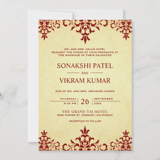  Etnische Rode Damask Indiaas huwelijk Kaart (Voorkant)