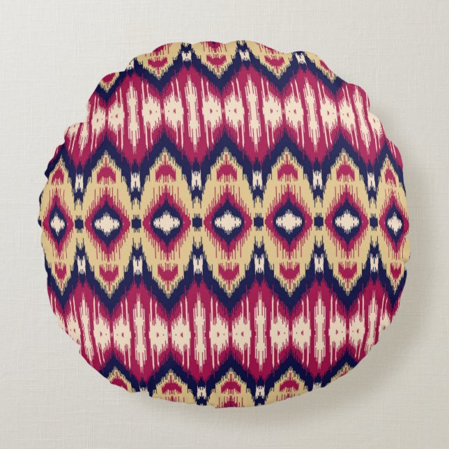 Etnische roze blauwe ikat chevron patroon achtergr rond kussen (Voorkant)