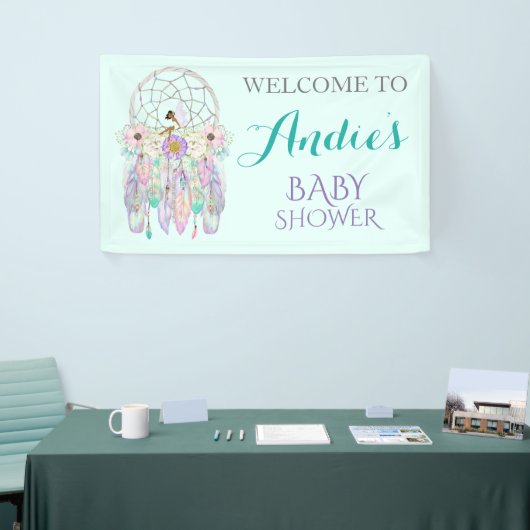 Etnische Sprookjesdroomvanger Boho Veren Pastels Spandoek (Beurs)