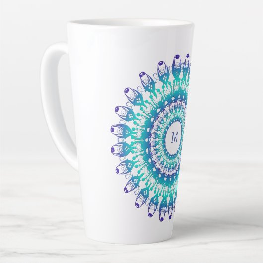 Etnische Turquoise Mandala, Monogram. Latte Mok (Linkerhoek)