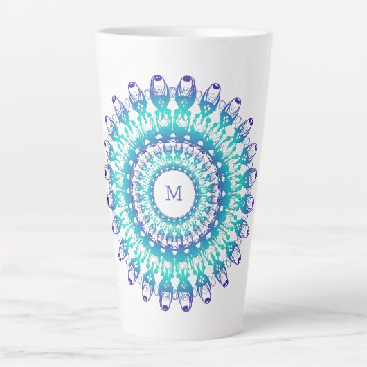 Etnische Turquoise Mandala, Monogram. Latte Mok (Voorkant)