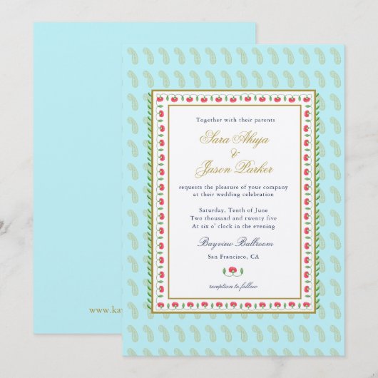 Etnische Vloergrens Aqua Indiaanse bruiloft Kaart (Voorkant / Achterkant)