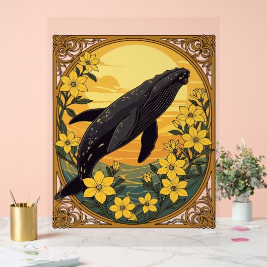 Eubalaena glacialis en gele jasmijnbloemen acryl bord (Huwelijk)