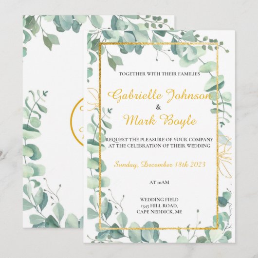 Eucaliptus Wedding Invite - Waterverf tekening Kaart (Voorkant / Achterkant)