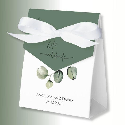 Eucaluptus op wit Let’s Celebrate namen datum Bedankdoosjes